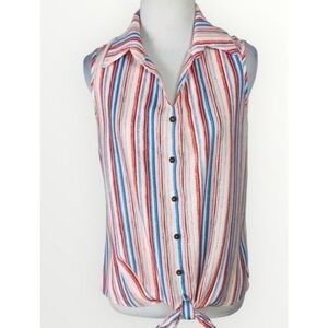 Perception Concept White Blue & Orange StripesTie Front Sleeveless Top S